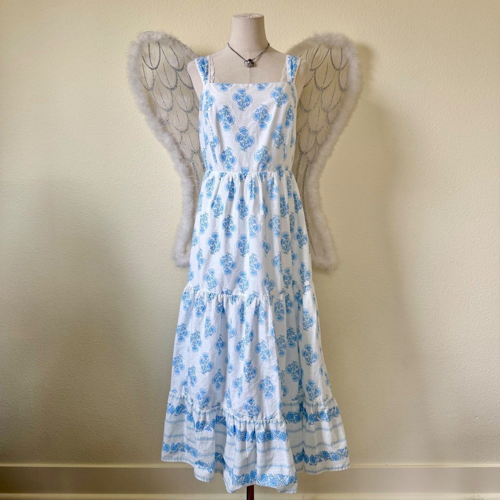 Haute Hippie Blue White Floral Block Print Cotton Tiered Maxi Dress Cottagecore